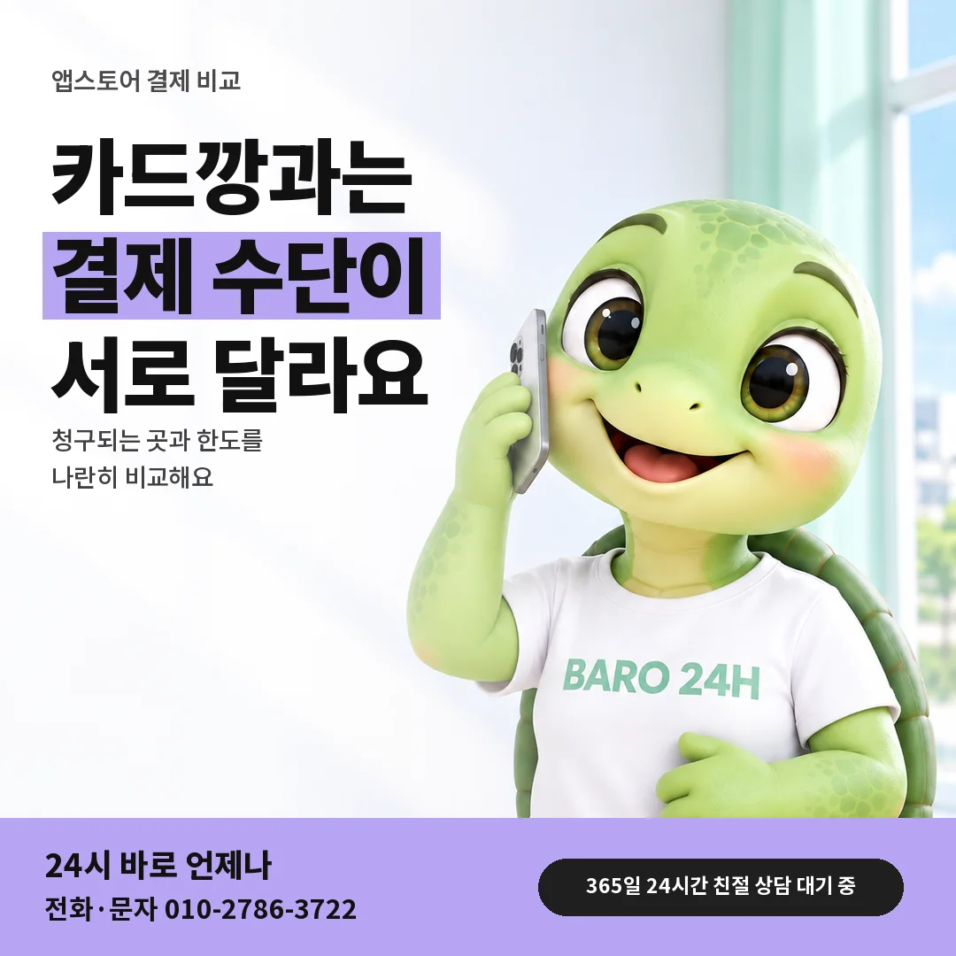 BARO 24H 티셔츠를 입은 3D 거북이 캐릭터 옆에 「앱스토어 카드깡과 다른 점」 제목을 얹은 안내 카드