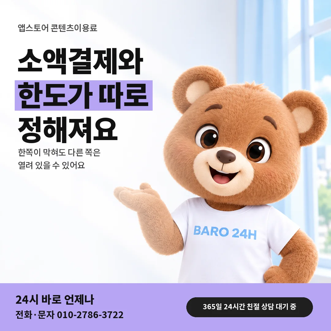 BARO 24H 티셔츠를 입은 3D 곰 캐릭터 옆에 「앱스토어 소액결제 한도와 따로」 제목을 얹은 안내 카드